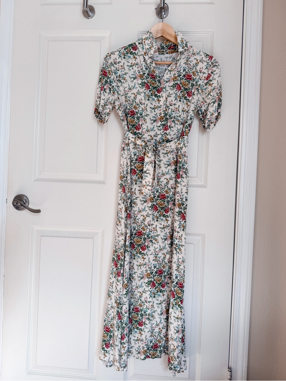 Tahari Cream Maxi Dress with Red & Green Floral Print